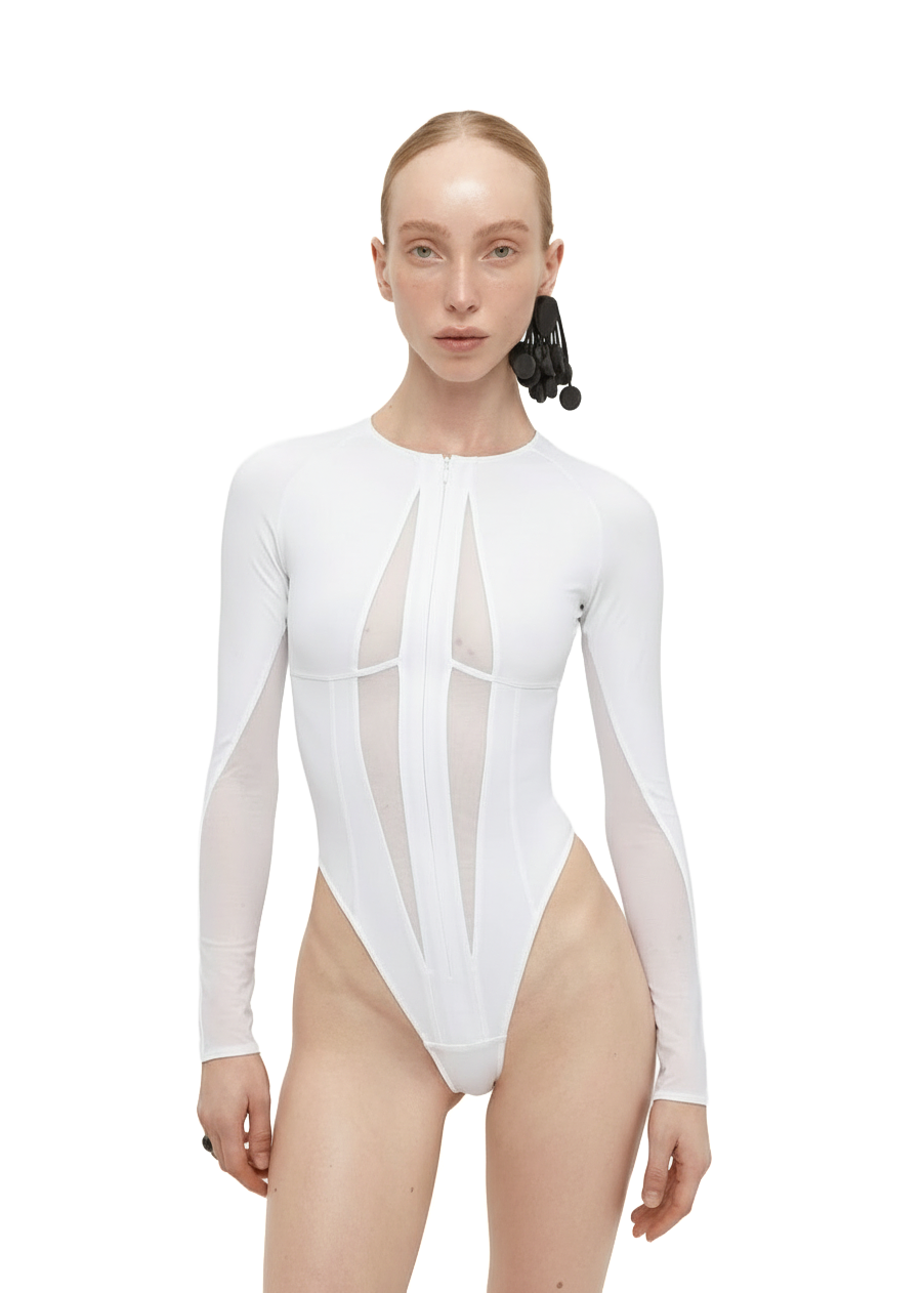 Bodysuit Rayline with Mesh in White